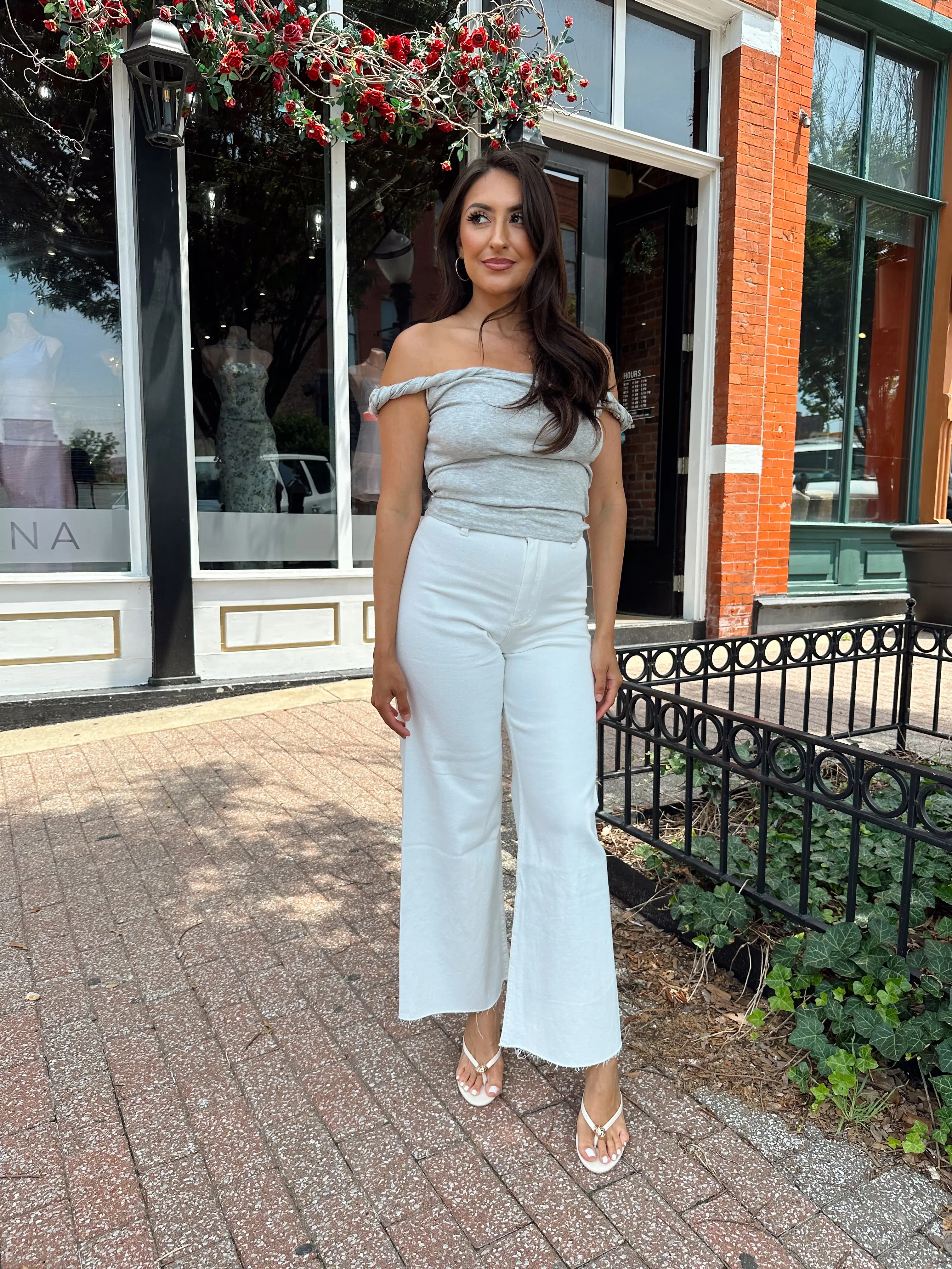 Arie Grey Twist Off Shoulder Top