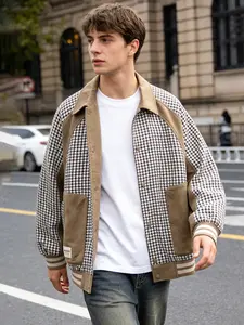 Men's Oversized Houndstooth Varsity Baseball Jacket, Retro Bomber with Suede Accents, Streetwear Layering Coat for Spring Fall