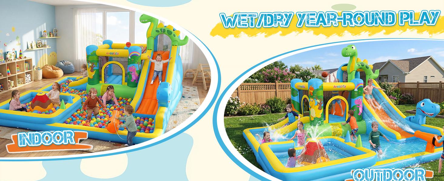 AKEYDIY Inflatable Water Slide,10 in 1 Dinosaur Themed Inflatable Water Slide,Bouncy Castle with Water Cannon, Dino Pool, Climbing Wall, Basketball Hoop, Backyard Water Park for Kids,550W Blower Included,Bounce House for BIg Kids