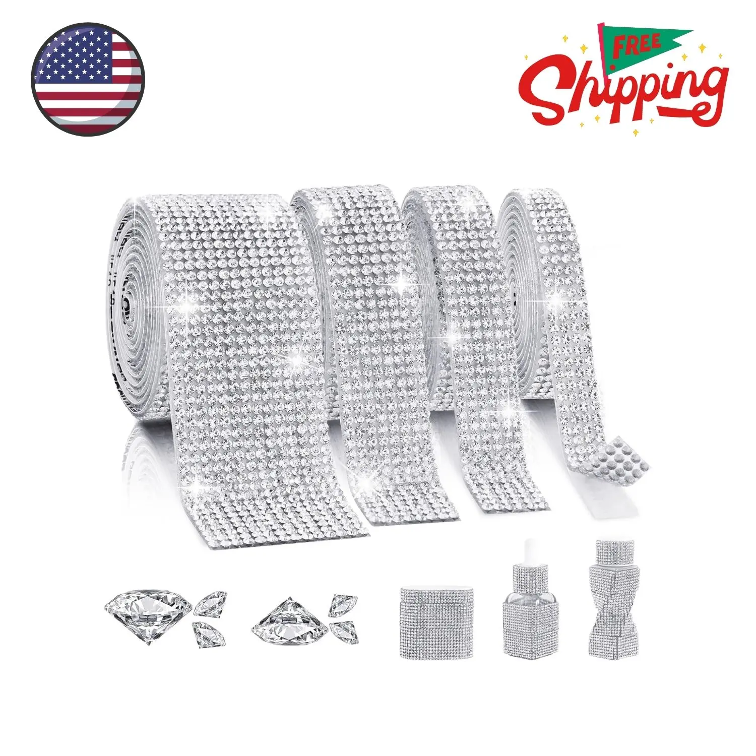 Rhinestone Ribbon Self Adhesive, 4-Yard Bedazzling Strips, 4-Rolls 4/6/8/14