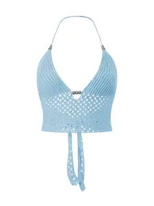 Ladies Crochet Halter Top Sleeveless Hollow Out Beaded Tie up Backless Tank Top Solid Color Summer Vest Top NONE