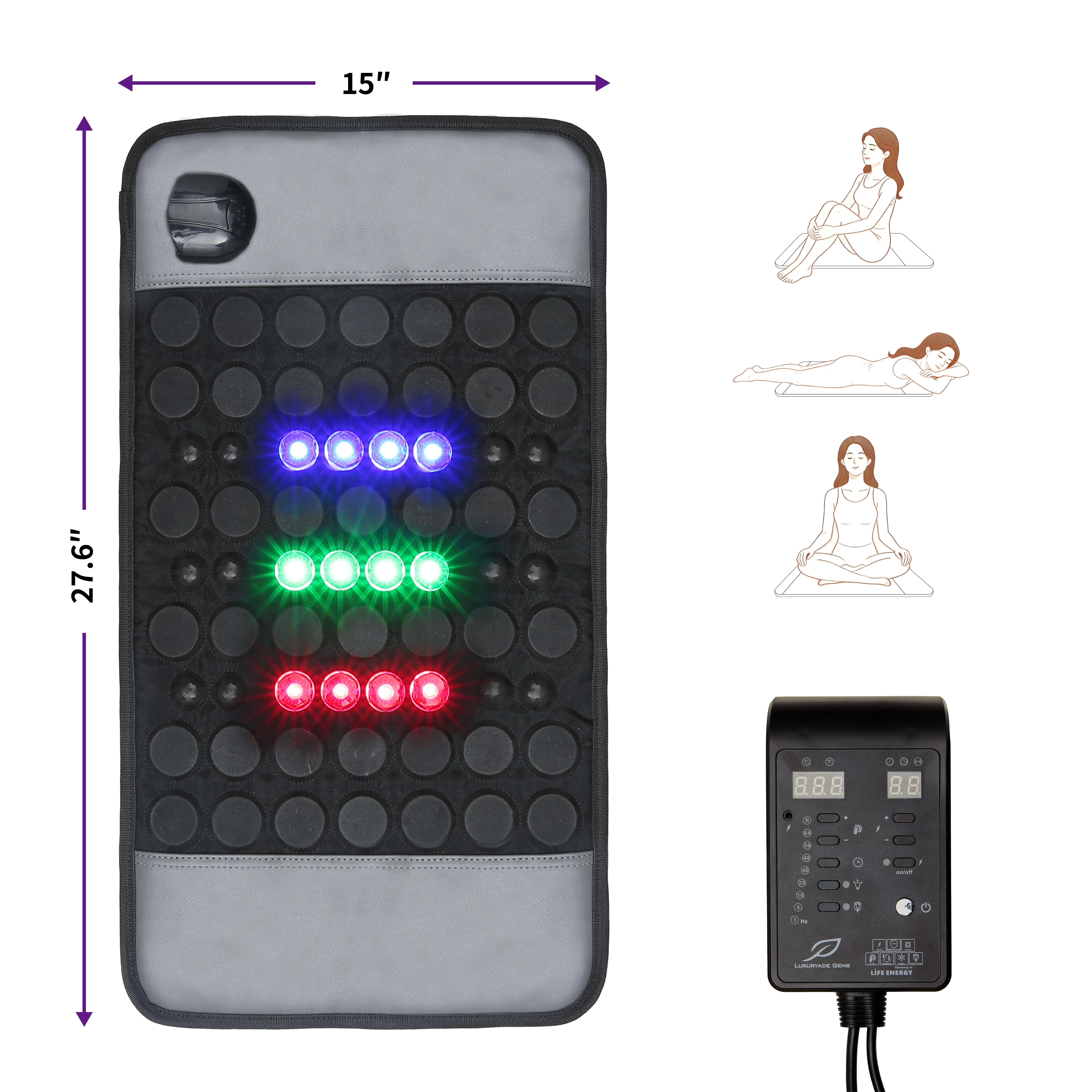 Natural Stone Heating Pad with Jade & Tourmaline for Stress Relief, 15" x 28" Infrared Mat with Red LED Light Therapy for Adults campingessentials, Timer, Back, Warm