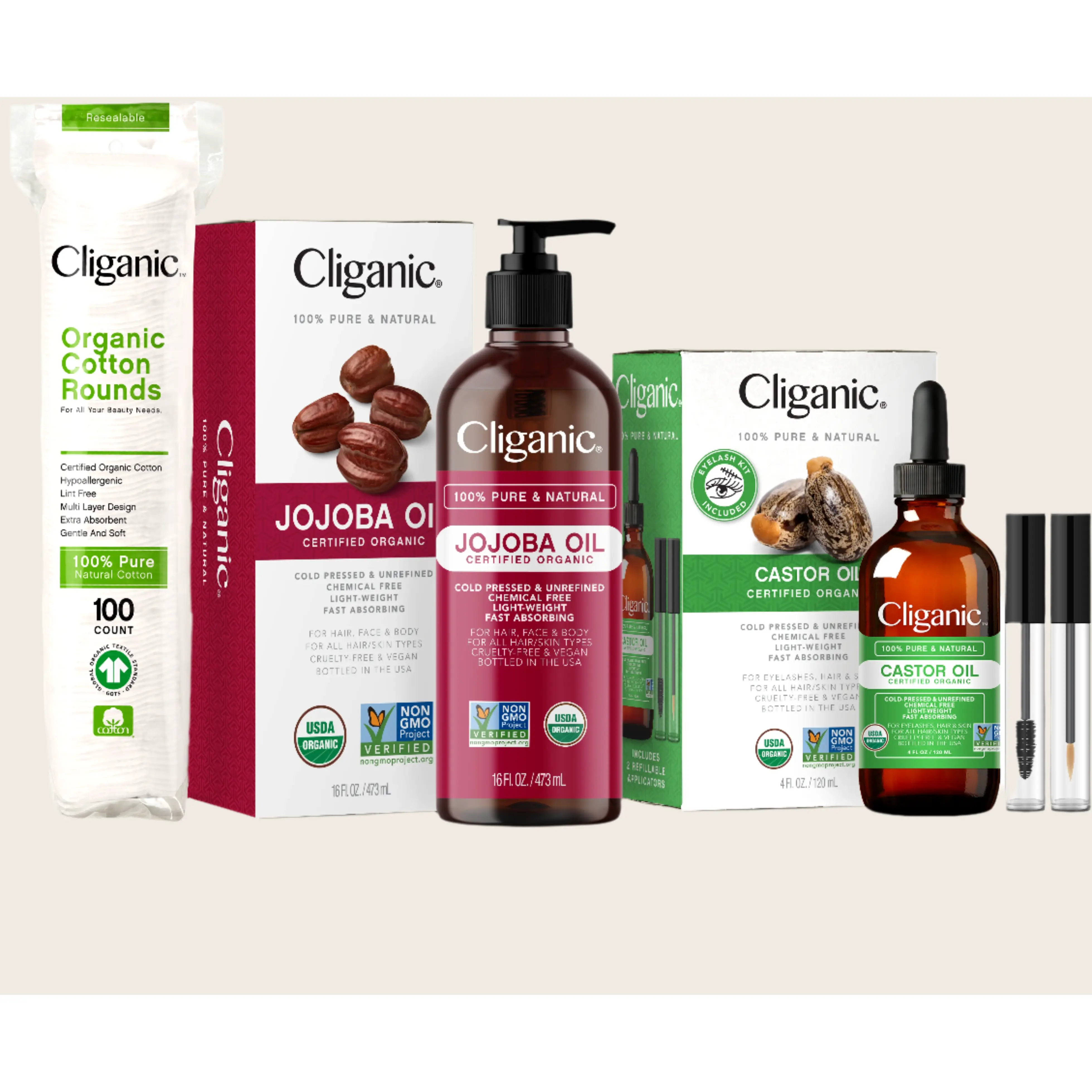 Bundle - Castor Oil  with Eyelash Kit + Jojoba Oil  + Cotton Rounds