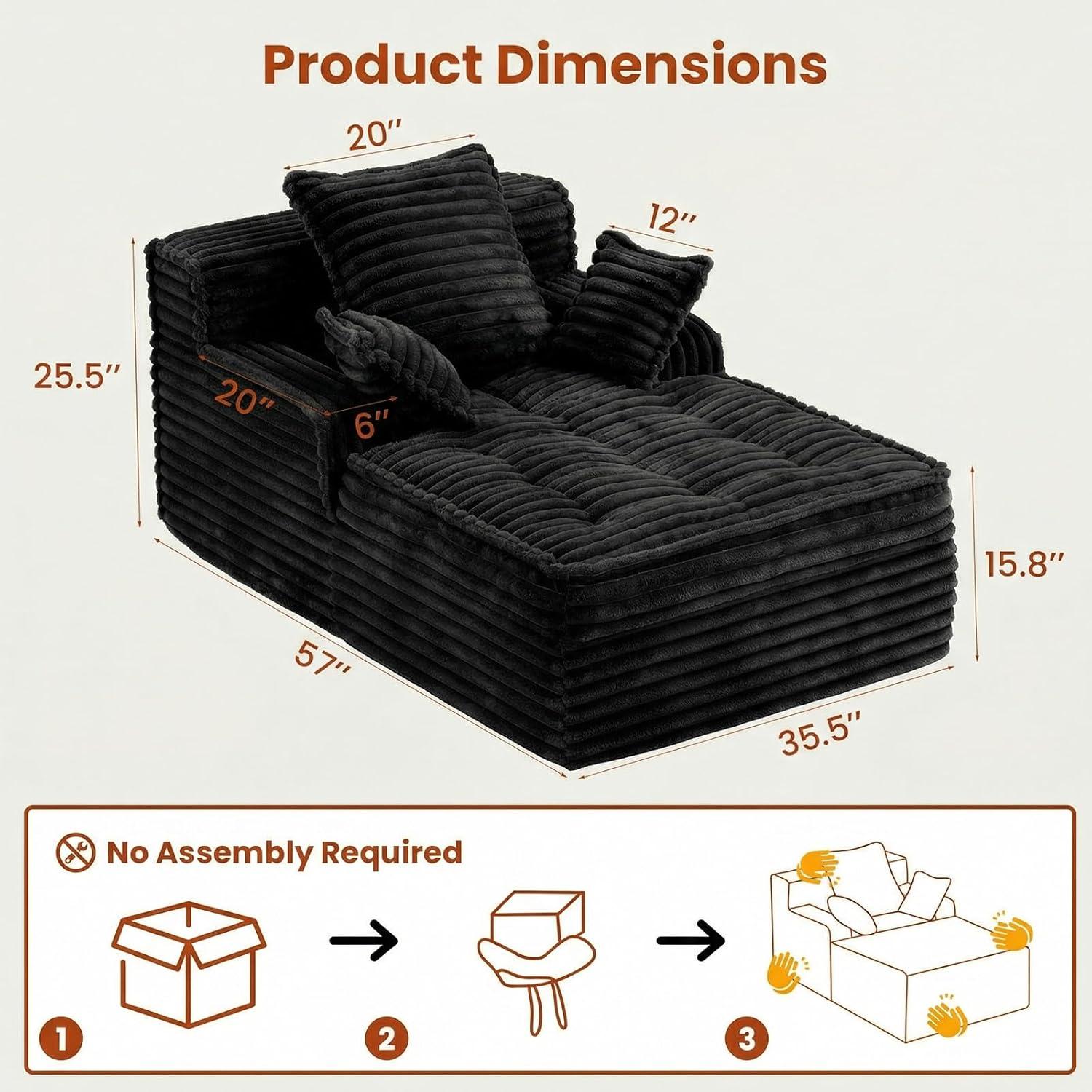 Winzoo Boneless Chaise Lounge Chair Indoor, Corduroy Small Boneless Sleeper Sofa with 3 Pillows & Wide Armrest, Fluffy Comfy Chase Lounge Indoor, Compression Boneless Couch for Living Room