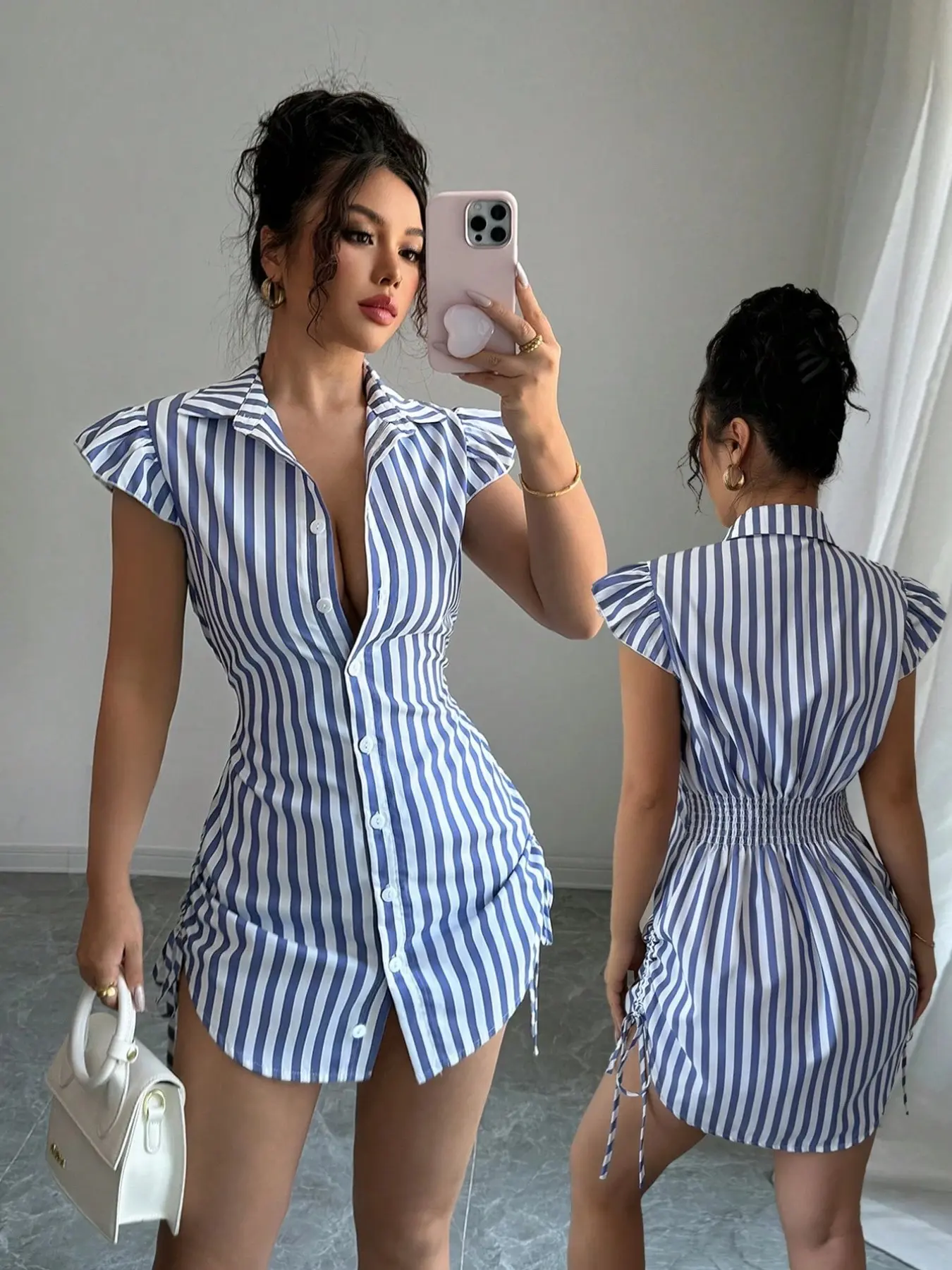 Elegant Vacation Striped Side Cinched Multi-Layer Sleeve Shirt Dress, Butterfly Sleeve Blouse, Women's Fashion Casual Wear, Womenswear, Casual Dresses, Bodycon Summer Dress