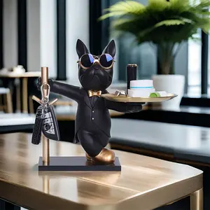 French Bulldog Decorative Figurine, Resin Dog Sculpture With Metal Tray, Key & Snack Holder, Entrance Organizer, Coin Money Storage Box, Home Decor for Christmas Halloween Fall, 1pc Collectible Figurines