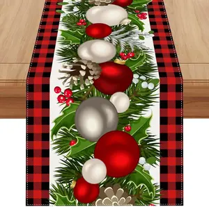 Linen Red and Black Buffalo Check Plaid Christmas Table Runner - 60 Inches Long .