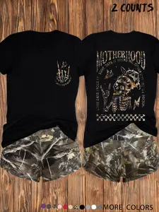 Y2K School Cool Rebel Set, Oversized Short Sleeve with Skull Slogan, High Waist Shorts, Casual Spring & Fall