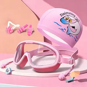 Swimming Goggles Set with Nose Clip Earplugs Swim Cap, Anti-Fog Leakproof Large Frame Glasses for Boys Girls Ages 3-12 Swim Kit Swimming Accessories