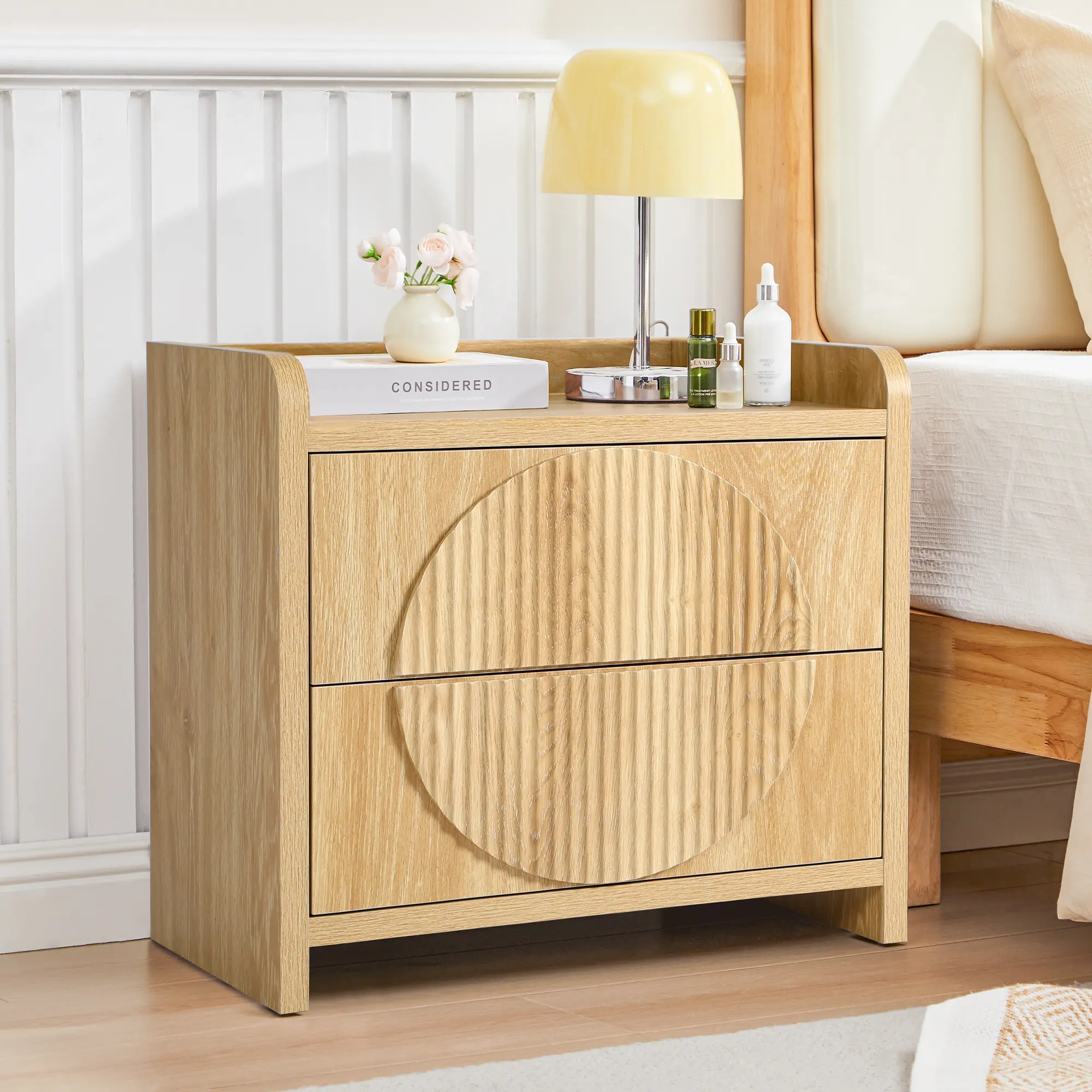 FurSch 24”Wide Mid-Century Modern Nightstand with Two Drawers, Sculpted Wood Bedside Table with Storage for Bedroom or Living Space