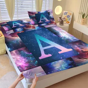 3Pcs Colorful Galaxy Initial A-Z Fitted Sheet Set No Fillers, Nebula Starry Sky Print Soft Microfiber Bed Sheet Set with Pillowcase, Personalized Space Bedspread, All Seasons for Kids and Adults Bedroom
