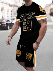 American Vintage Chicago Basketball Two-Piece Set, Number 23 Print, Trendy Sportswear, Athletic Training Apparel, All-Over Print, Fitted, Casual Style, All Seasons, Sporty Shorts Set
