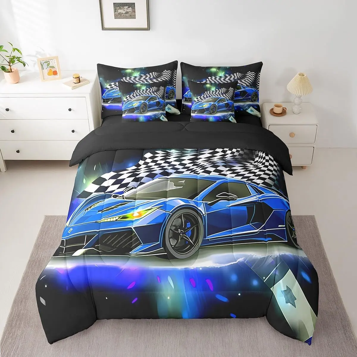 Feelyou 7-Piece Microfiber Bedding Set - Breathable Duvet Set, Blue Racing Car Extreme Sport Comforter, Black and White Flag Design Bed-in-a-Bag with Sheets, Machine Washable