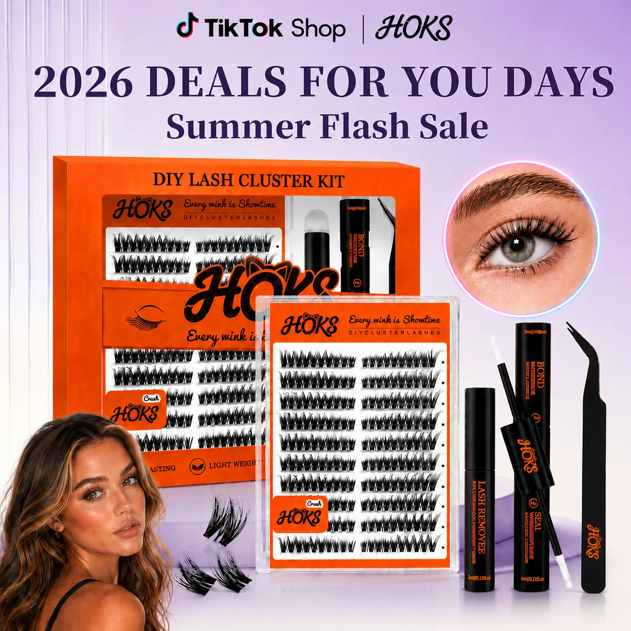 HOKS  Waterproof DIY Lash Extension Kit | Long Lasting Cluster Lashes | Natural Wispy Look | Lightweight | Easy to Apply | Home & Outdoor Wear