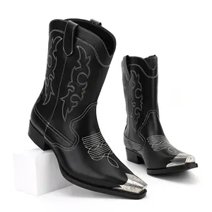 Men's Vintage Embroidered Pointed Toe Cowboy Boots - Casual Slip-On, Rubber Sole, Suitable for All Seasons