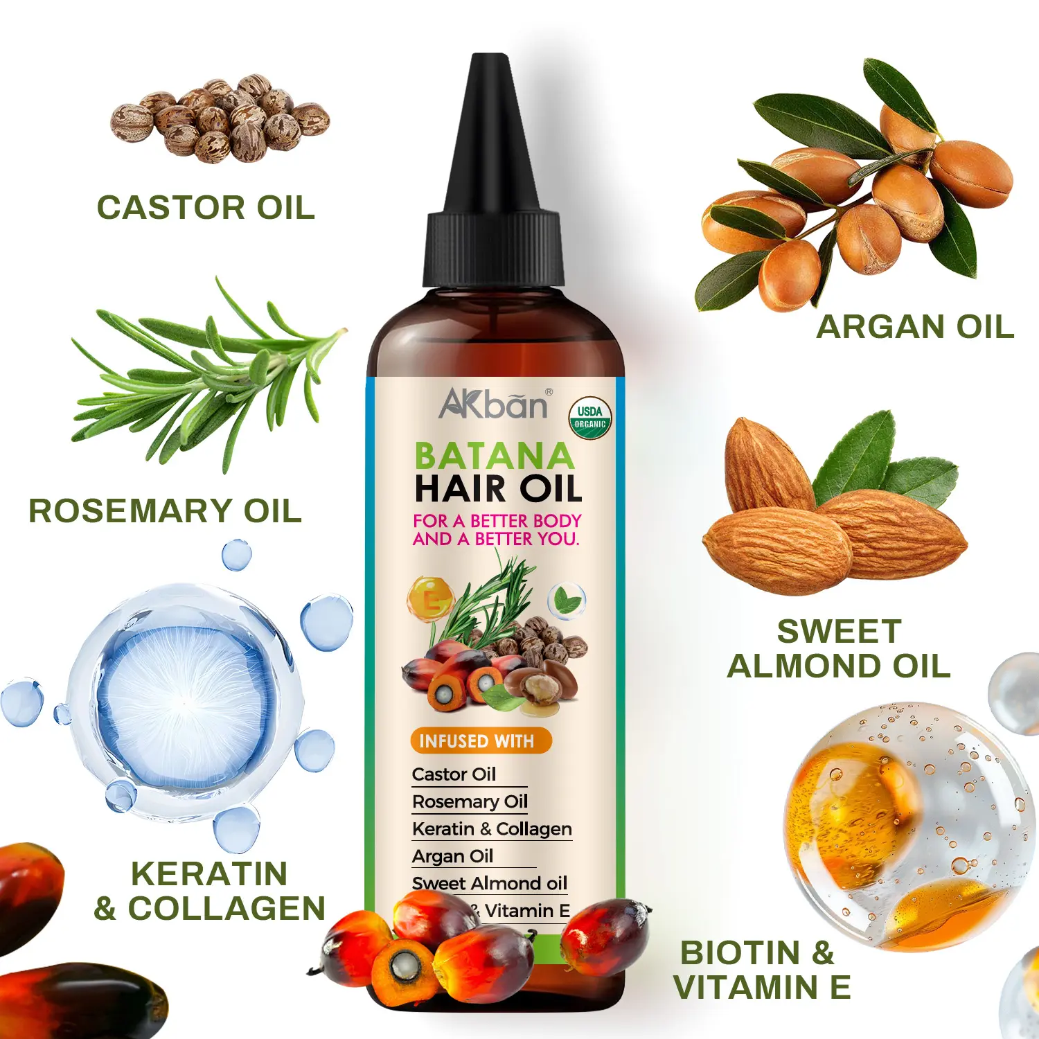 AKban Batana Hair Oil Infused with Castor Oil & Keratin for Stronger Thicker Hair Care 4FL.OZ 120ML Lightweight Blend Hairgrowthoil  Haircare with Rosemary & Biotin, Rosemary Oil, Comb