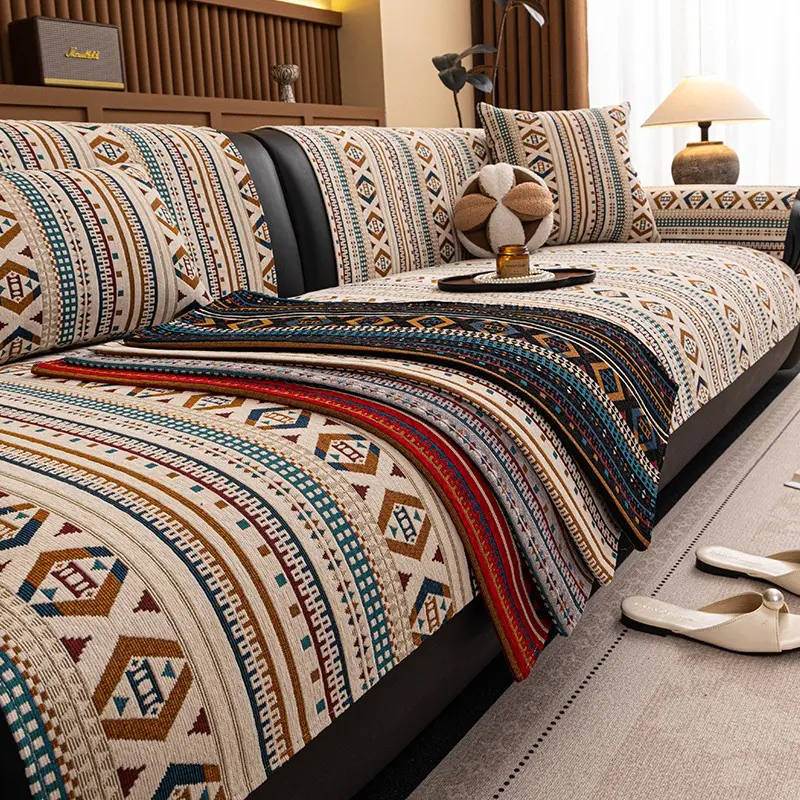Bohemian Style Chenille Sofa Cover, Couch Covers, Sofa Slipcover, Sofa Couch Protector, Non-Slip Cushion, All-Season Universal, Geometric aesthetics, Perfect for living rooms, bedrooms, 100% Polyester, Suitable for single to four-person sofas