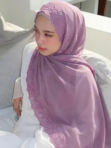 Luxurious Floral Embroidered Chiffon Hijab, Elegant Women's Embroidery Headscarf, Muslim Fashion Daily Wear, Comfortable Breathable Beach Long Shawl