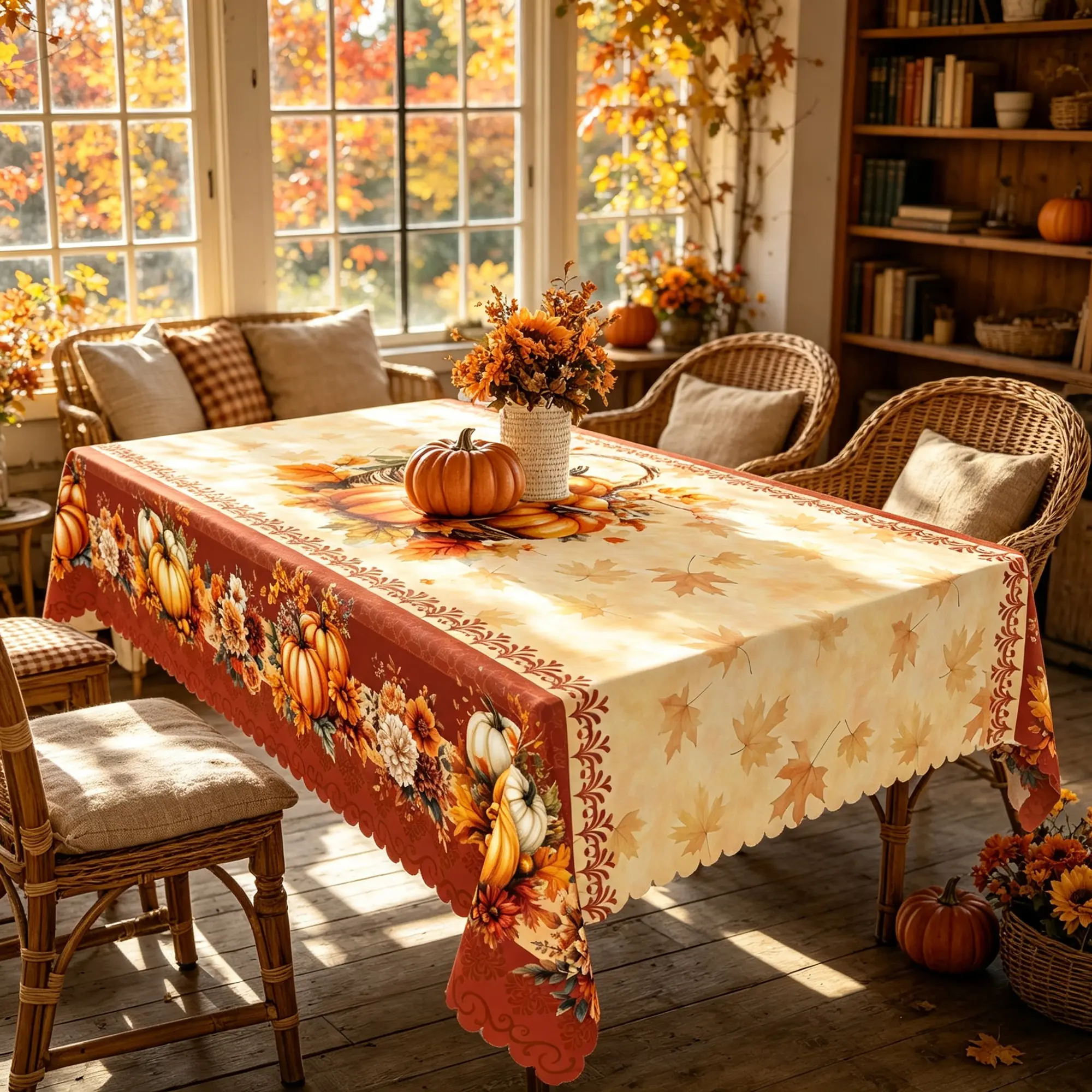 BOOPBEEP Autumn Thanksgiving Tablecloth, Pumpkin, Squirrel, Maple Leaves Design, Fall Decoration, Fall Home Decor For House, Ideal Indoor/Outdoor Fall Gift, Retro Rural Farmhouse Style, Camping Picnicking, Kitchen Decor, Rectangular&Round Table cover