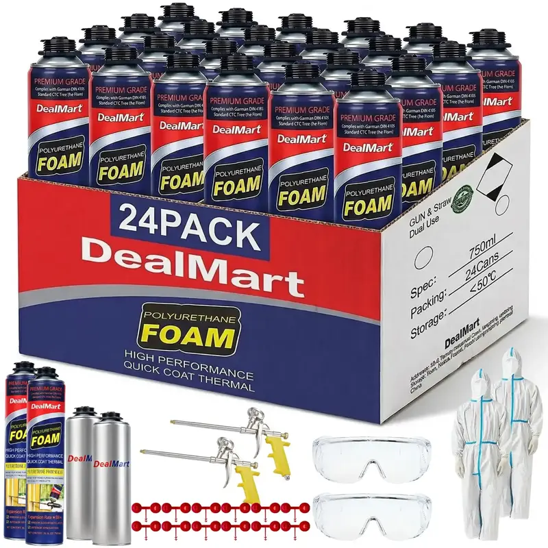 Spray Foam Insulation Kit - Polyurethane Foam with Gun, Home Walls/Attic Use, Coverall, Pro X Gun, Cleaner Can, Safety Gloves, Diy Pro Results for Lower Energy Bills，24-Pack