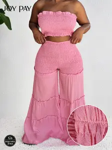 JOY PAY Women's Pink Frill Trim Shirred Flare Leg Pants Set Boho Style Fitted Crop Tube Top & High Waist Trousers for Beach Holiday Vacation Ladies Summer Clothes Bohemian Womenswear Woven Lightweight Summer 2 Piece Set Flared Suits