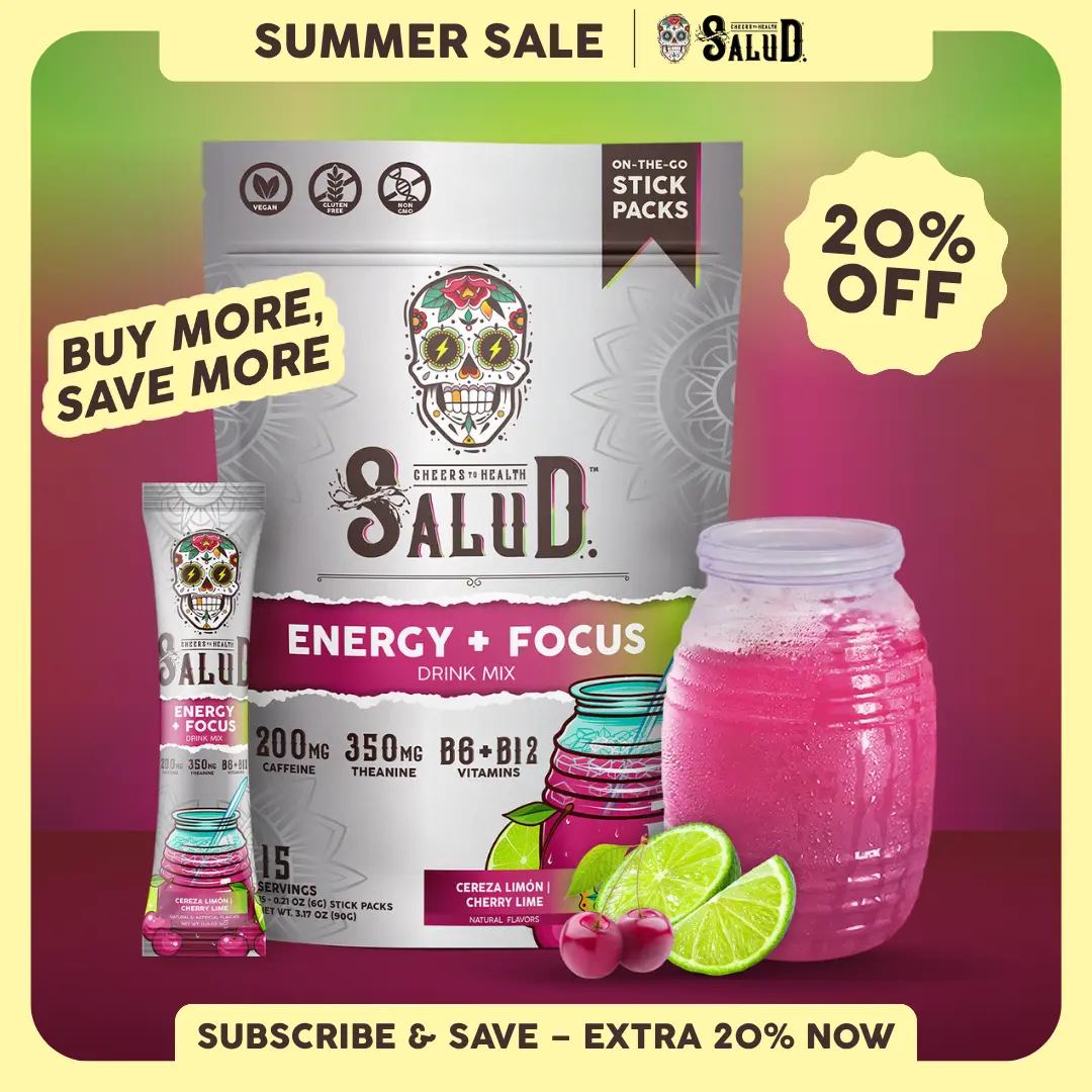 Salud 2-in-1 [Energy + Focus - Cherry Lime] Clean Energy Drink Mix, Agua Fresca, Organic Caffeine, B6 & B12, L-Theanine, Drink Packets, Non-GMO, Gluten Free, Vegan, Low Calorie, 1g Sugar (15 Servings)