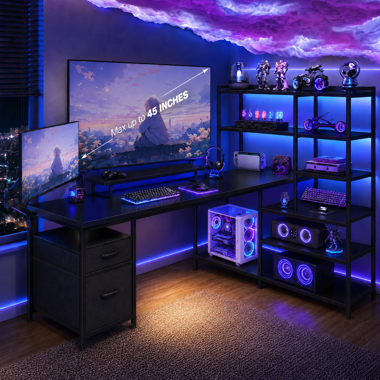 【Sumerwins】Raybee U-Shaped 63‘’W Gaming Desk with 10 Spacious Storage Zone,Computer Desk with LED Lights Strip & Power Outlets,Sturdy Frame & Easy Assembly Study Desk,HomeOffice Workstation,Writing Table for teenagers,Commercial office desk,Back to school