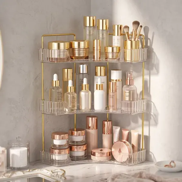 Transparent 3 Layer Bathroom Countertop Corner Storage Rack, Multi-Functional Cosmetic Skincare Display Holder, Space Saving Multi-Tier Organizer for Dressing Table, Bathroom Counter & Pantry Storage beauty brush gold metal pole decorative fence