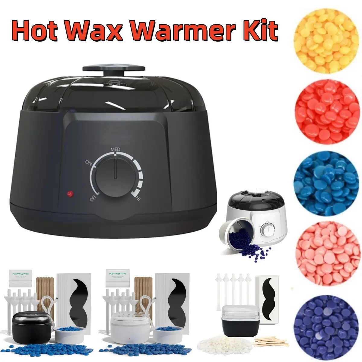 Electric Hair Removal Hot Wax Warmer Waxing Heater + Hard Wax Beans + Sticks Kit, Large / Mini Nose Ear Hair Removal Wax Machine with Pot Paraffin Facial Skin Body SPA Salon Equipment Adjustable Temperature Beads Warmer Set