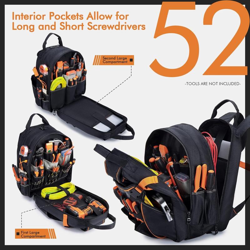 52 Pockets Tool Bag Backpack for Men Tool Backpack Heavy Duty Storage Organization Tool Bags Heavy Duty with  Molded Base for Electrician Repairman Industrial & Construction Work Black