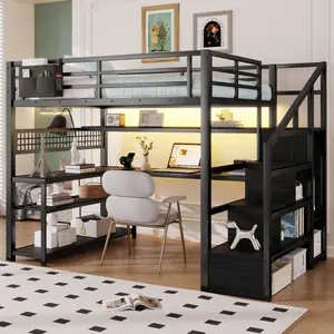 Full Size Loft Bed Frame with Stairs and Storage Wardrobe, Heavy-Duty Metal Loft Bed with Desk, Shelves, LED Lights and Charge Station,Black