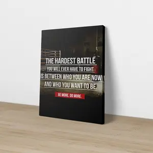 1pc Framed Canvas Print - Boxing Gym Motivational Quote "The Hardest Battle You'll Ever Fight is Between Who You Are Now & Who You Want to Be" - Black-White Artistic Decor with Red Accent - Home Gym, Room Wall Art for Man Cave