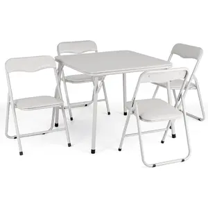 Folding Card Table and Chair Set of 5, Upholstered Foldable Table and Chair Set, Portable Metal Frame Children's Activity Table and Chairs Set for Eating, Reading, Playing, Beige