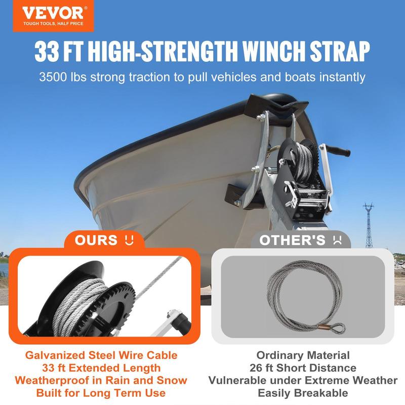 VEVOR Hand Winch, 3500 lbs Pulling Capacity, Boat Trailer Winch Heavy Duty Rope Crank with 33 ft Steel Wire Cable and Two-Way Ratchet, Manual Operated Hand Crank Winch for Trailer, Boat or ATV Towing