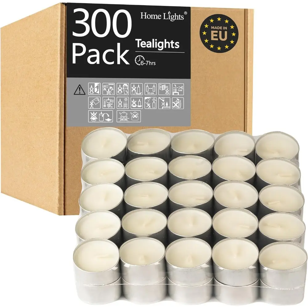 Unscented White Paraffin Wax Tealight Candles - 300 Pack, 6-7 Hours Long Burn Time, Cleaner Smokeless Cotton Wicks, European Decor for Shabbat, Weddings, Valentine’s Day, Pool Parties, Home Supplies