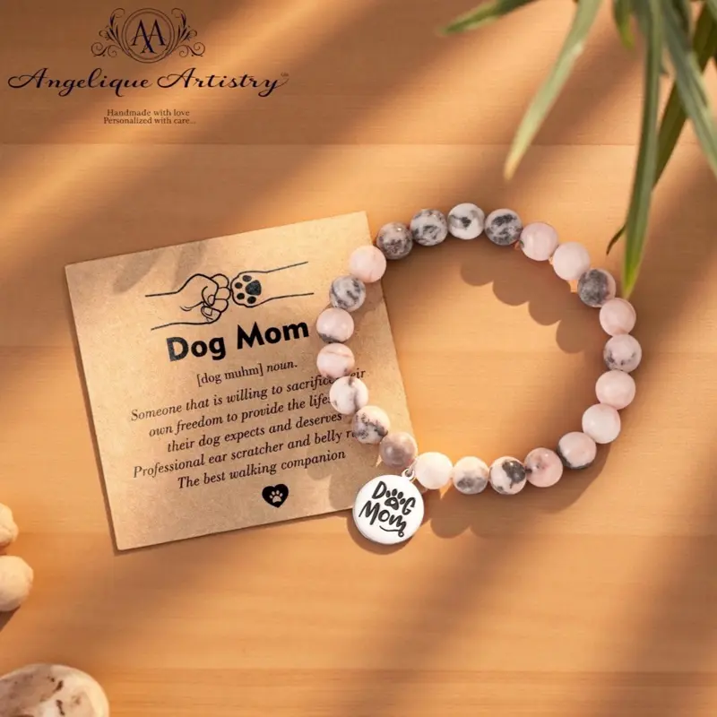 Dog Mom & Dog Dad Matching Bracelets Pink Zebra Amazonite Custom Pup Name Bracelet Pet Parent Gift Set Handmade Natural Stone Beads