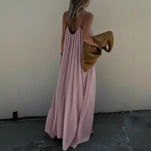 Elegant Oversized Spaghetti Strap Maxi Dress, Women's Solid Color Pleated Lounge Dress, Minimalist Summer Sundress