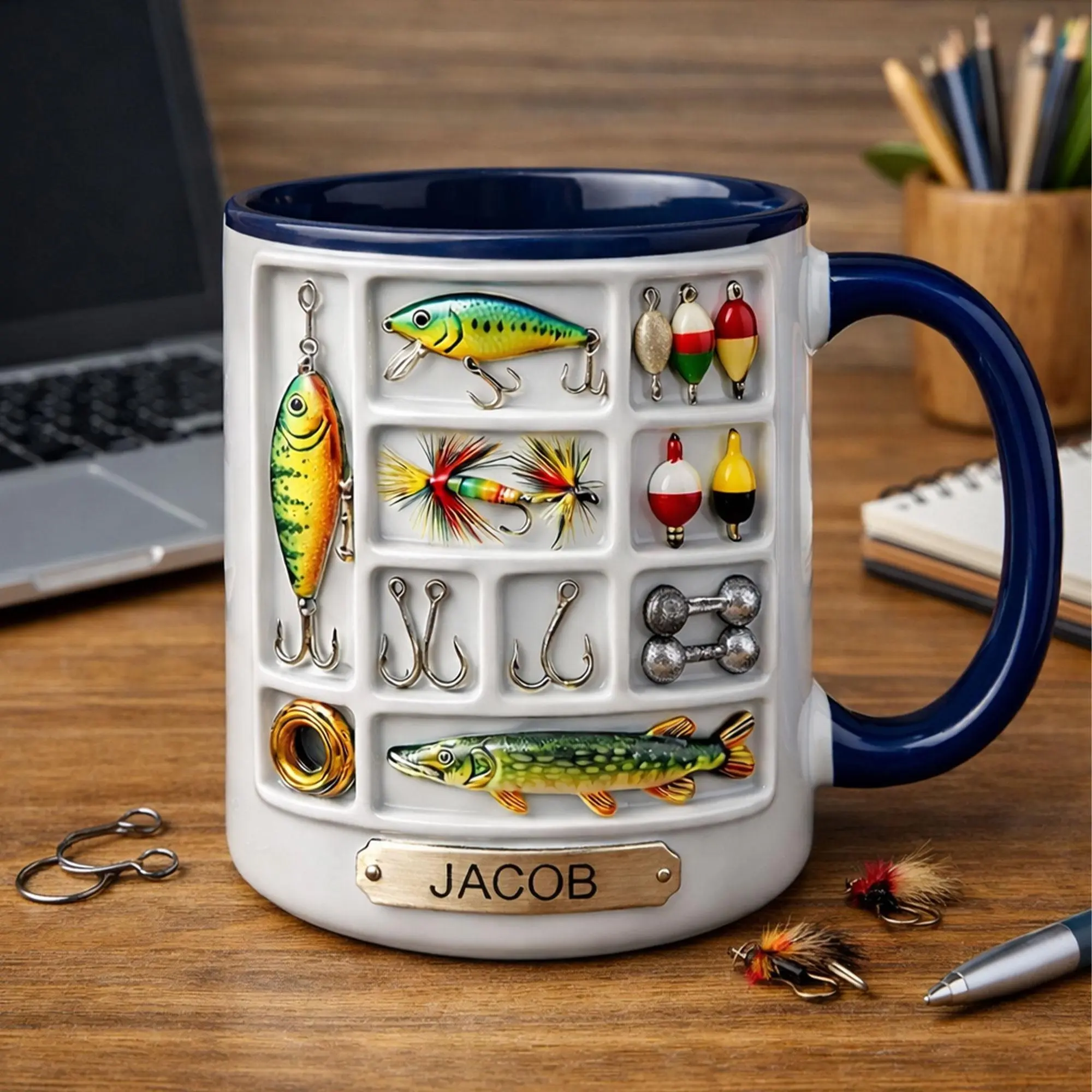 Personalized Fishing Mug, 2D Printed 3D Effect Fishing Coffee Mug with Custom Name, Faux 3D Fishing Lure Mug for Dad, Grandpa and Fishing Lovers, Rustic Lake Style Coffee Cup for Anglers, Perfect Father’s Day Birthday Christmas Gift Idea