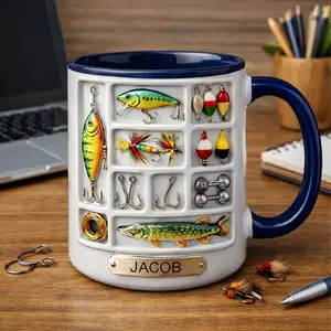 Personalized Fishing Mug, 2D Printed 3D Effect Fishing Coffee Mug with Custom Name, Faux 3D Fishing Lure Mug for Dad, Grandpa and Fishing Lovers, Rustic Lake Style Coffee Cup for Anglers, Perfect Father’s Day Birthday Christmas Gift Idea