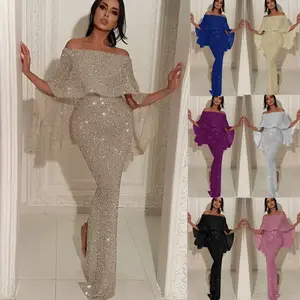 Backless Large Ruffle Strapless Off-Shoulder Dress — Blingbling Bodycon Evening Gown with Slit, Modern Silhouette Twist