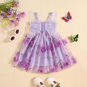 Baby Girls Sleeveless Dress Summer 3D Flowers Cute Tulle A-Line Dress with Butterfly Wing for Beach Party Cute Clothes