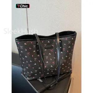 TChic Fashionable Bowknot & Cherry Pattern Tote Bag Handbag for Women Spacious Capacity Lightweight Durable Construction Casual Versatile Shoulder Bag