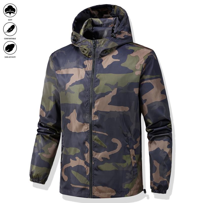Men's clothing loose lightweight casual jacket, hiking fishing shell hooded outdoor coat, mountain climbing jacket, men's camouflage hooded casual sports jacket - men's gift recommendation