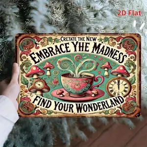 1PC Vintage Metal Wall Art - "Embrace the Madness, Find Your Wonderland" - Whimsical Tea Party Design with Colorful Mushroom and Floral Patterns - 8x 12inch Sign, Suitable for Bars, Coffee Shops, Beach Houses, Backyard Farmhouses, Vintage Plaque Decor