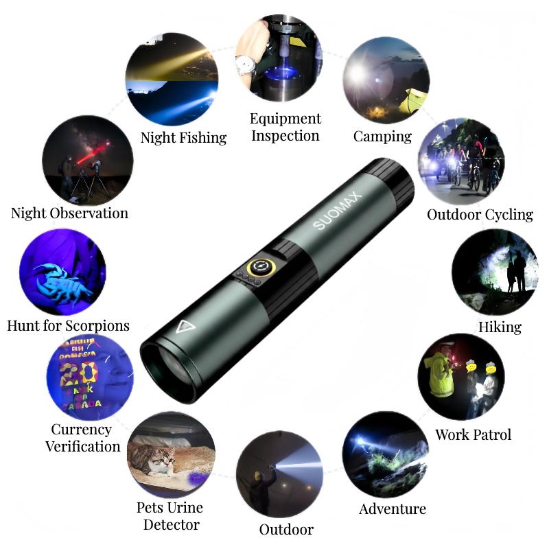 SUOMAX 5-in-1 Strong Flashlight, 1800LM Super Bright LED Light, UV/RED/YELLOW/BLUE/WHITE BEAM, USB-C Rechargeable Pocket EDC Flashlight, Magnetic Base, IPX4 Waterproof, For night work, Camping, Outdoor tactical light, Flash, Led Lights,sohochic