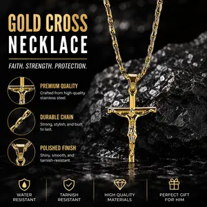 18K Gold Plated Crucifix Necklace for Men with Cuban Chain, Catholic Jesus Cross Pendant, Men's Religious Gift for Easter Christmas