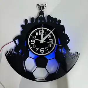 Vintage Football Vinyl Record Wall Clock, LED Seven-Color Glow, Silent, Ideal for Bedroom, Living Room, Office, Bar, Perfect Gift for Football Fans