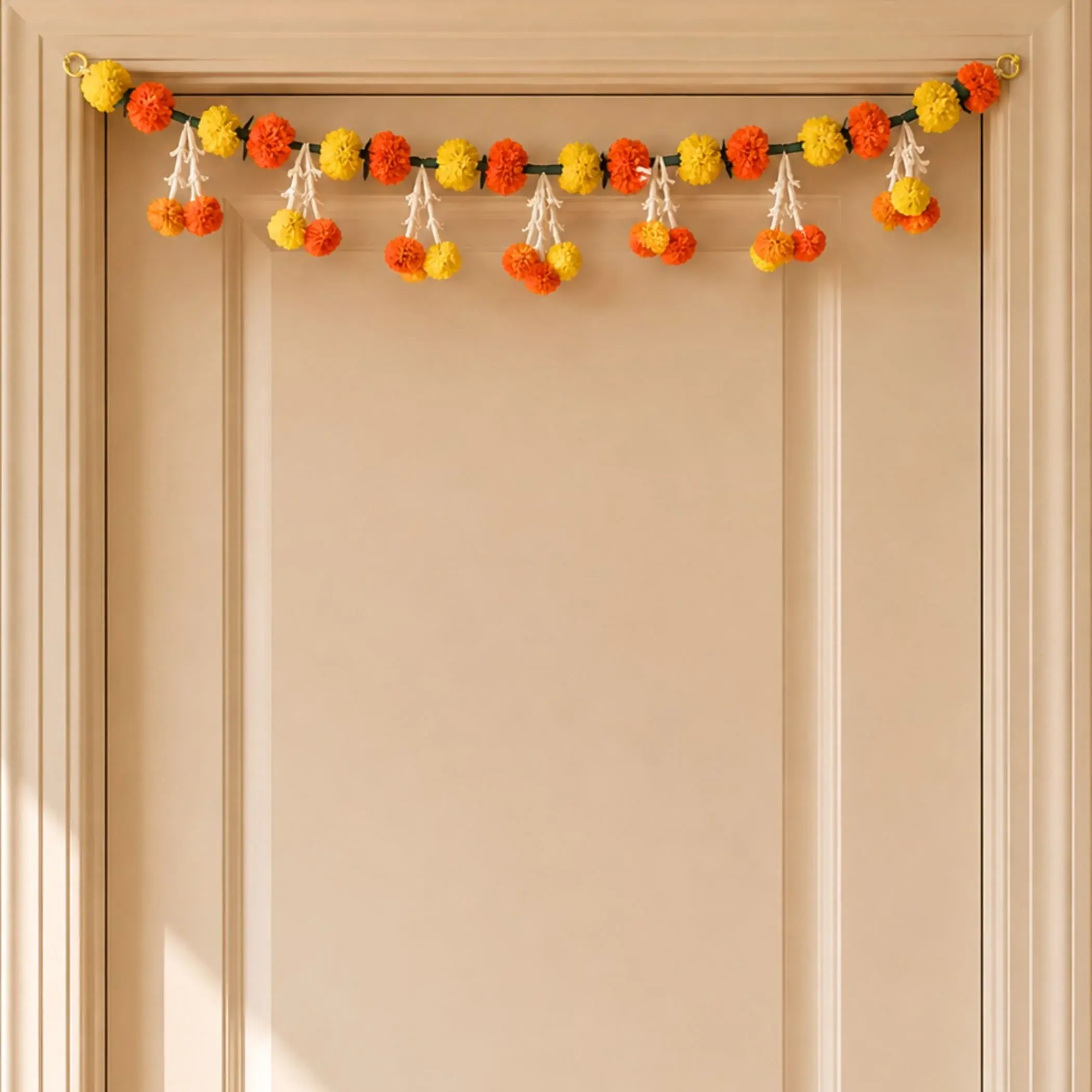 Elegant Marigold Tuberrose Toran | Handmade Fabric & Plastic Garland for Door & Window | Vibrant Pooja & Diwali Decor | Reusable & Joyful