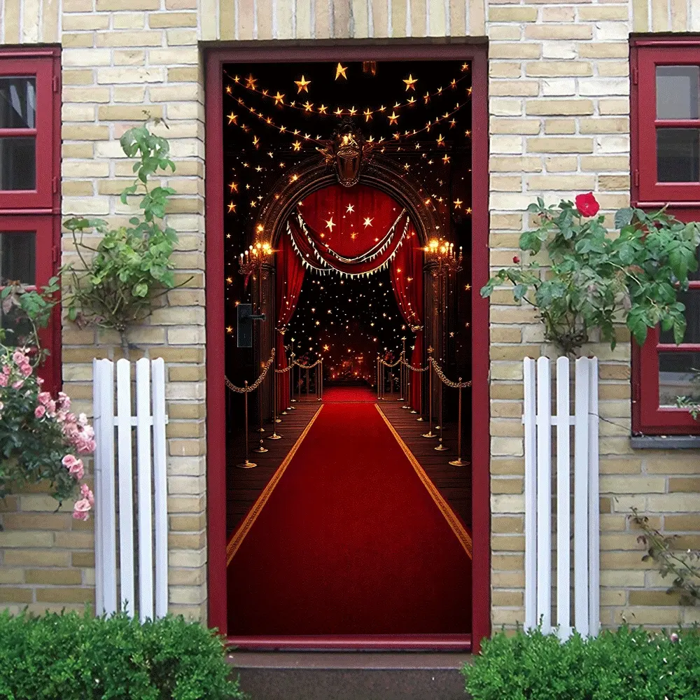 2pcs   Luxury Vintage Theater Style Decorative Door Wall Sticker Starry Red Curtain Arch Decal Self Adhesive Wallpaper for Living Room Entrance Holiday Party Background Wall Bedroom Dining Room Ambien