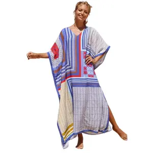 Plus Size Mumu Dresses for Women - Boho Batwing Sleeve Caftan with Side Slits, Long Moo Moo Nightgown & Beach Cover Up - Block combination